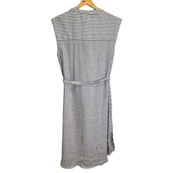 Tahari Linen Blend Sleeveless Blue White Stripes Belted Button Front Size 6 - Picture 7 of 10